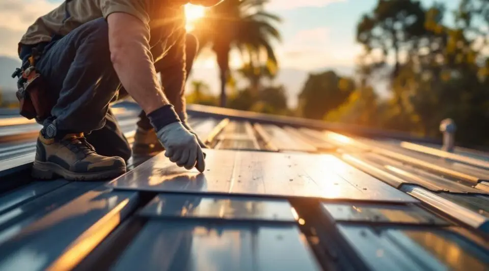 Commercial standing seam metal roof installation on a facility in Henderson, NV under bright morning desert sunlight.