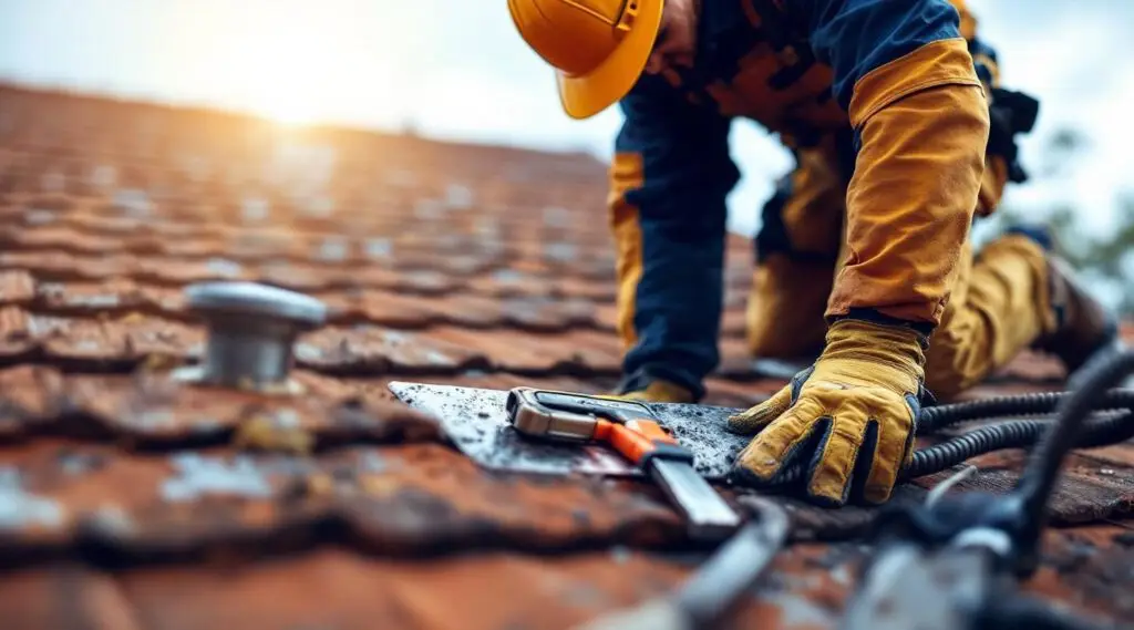 Professional roofing inspector examining tile flashing and ridge caps on a residential home in Henderson NV.