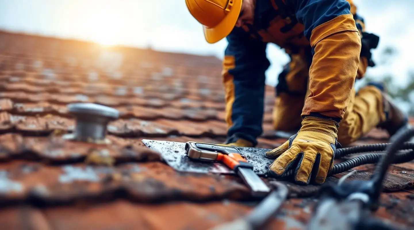 Professional roofing inspector examining tile flashing and ridge caps on a residential home in Henderson NV.
