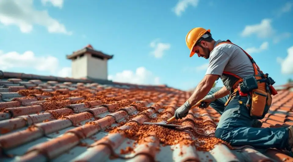 Professional roofers installing terracotta clay tiles on a commercial facility in Henderson under bright desert sun.