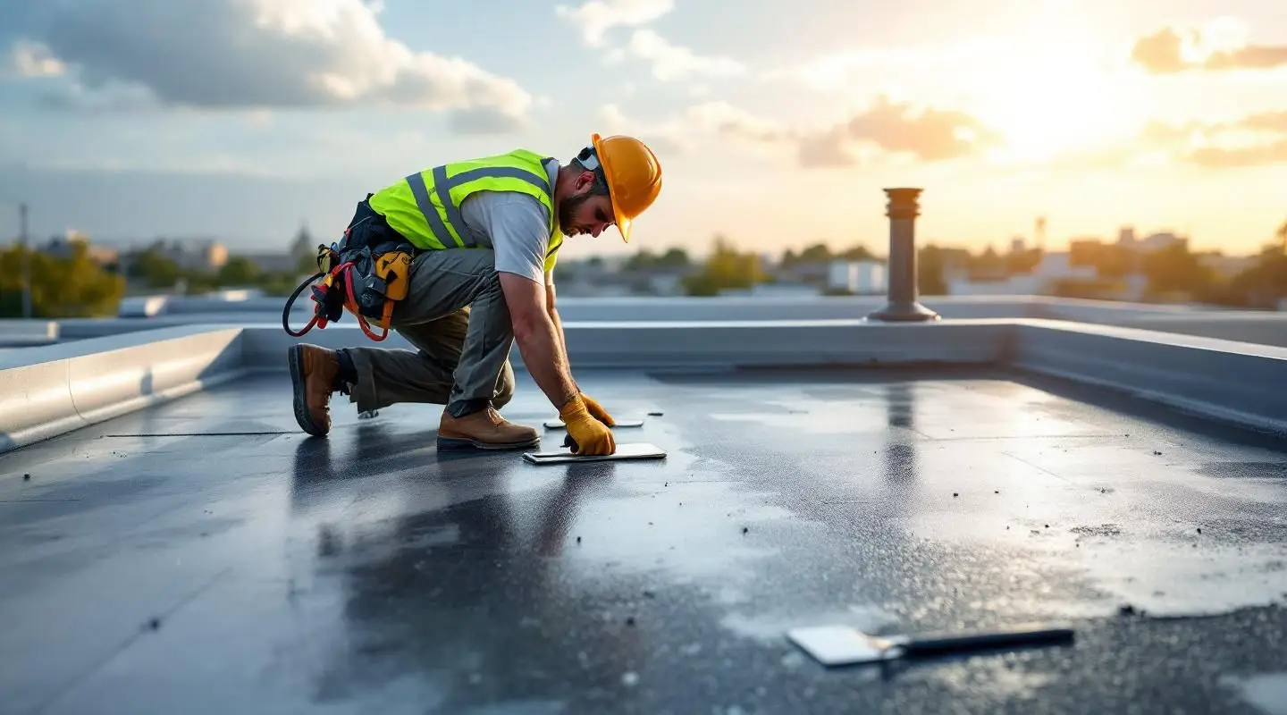 A wide commercial flat roof in Henderson featuring a newly installed black EPDM rubber membrane under the bright desert sun.