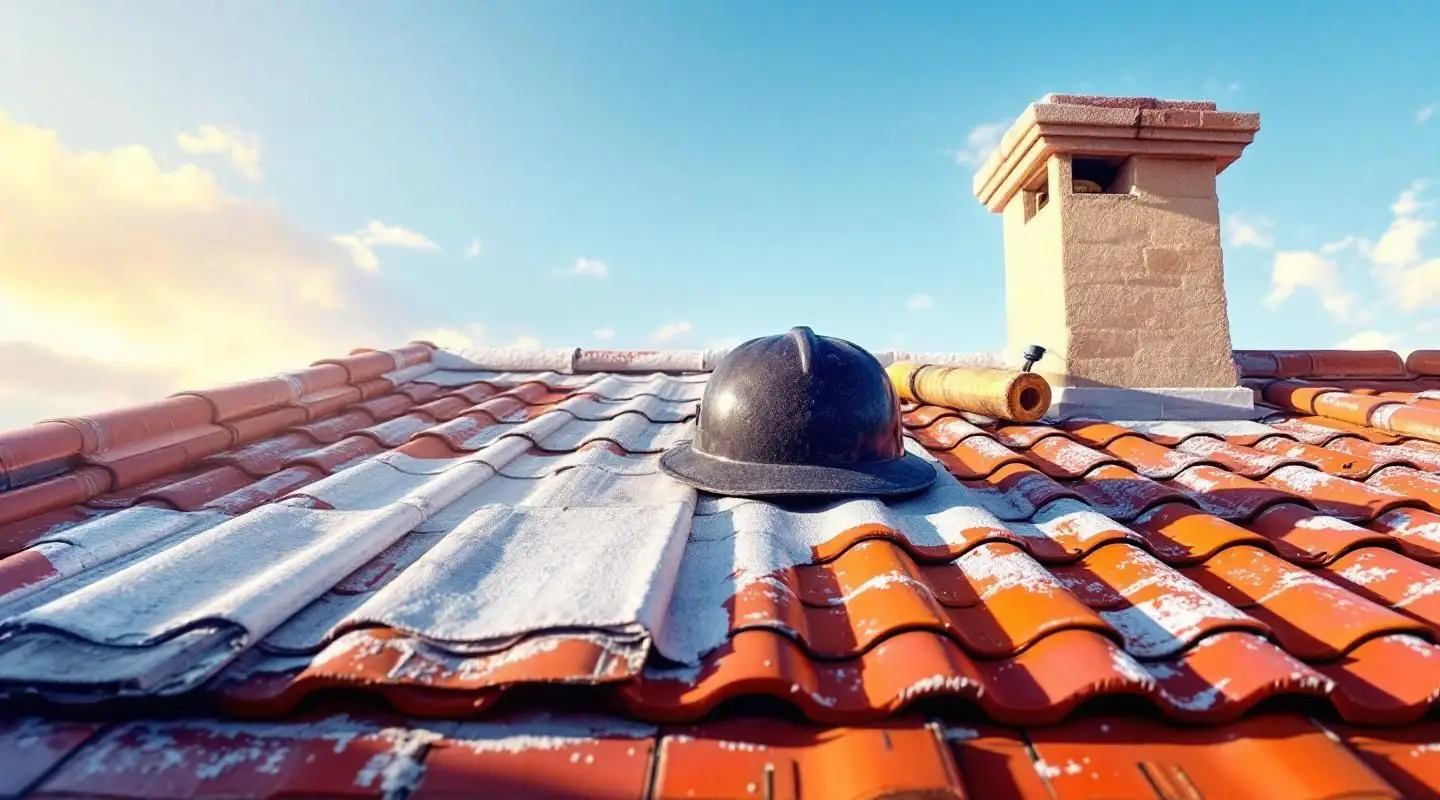 A commercial property in Henderson featuring newly installed red clay Spanish tile roofing under bright desert sunlight.