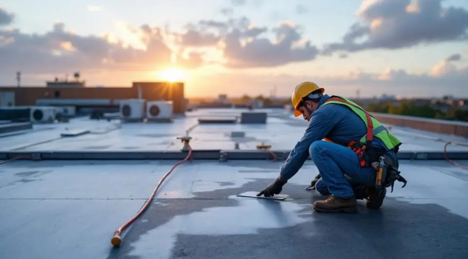 Professional roofing crew installing a white TPO membrane on a flat commercial building in Henderson under bright sunlight.