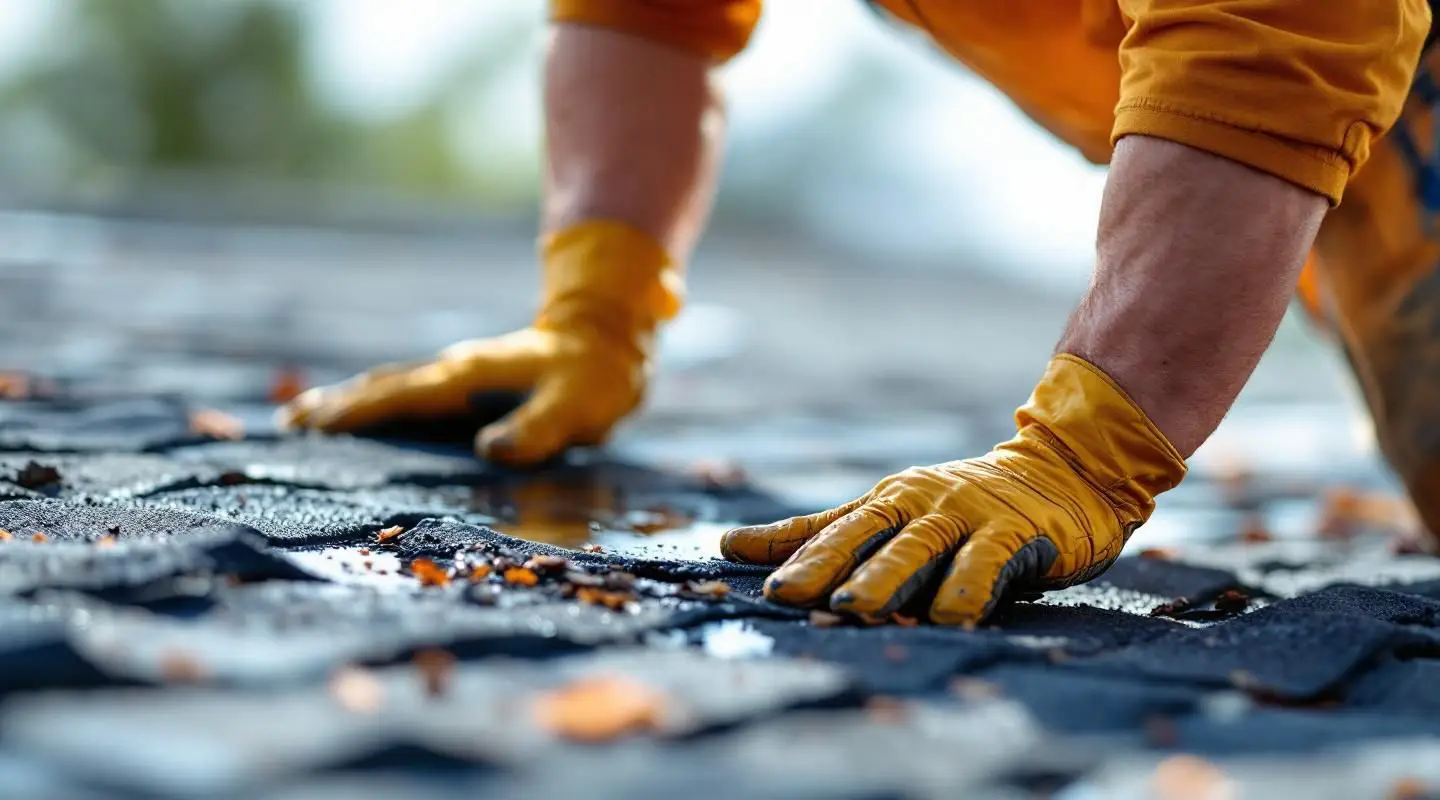 A professional roofer securing a protective blue tarp over a damaged shingle roof on a Henderson home after a storm.
