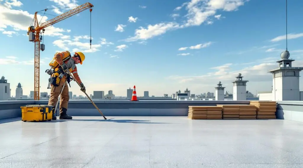 Commercial roofing crew installing a white TPO flat roof membrane on a Henderson facility in crisp morning light.