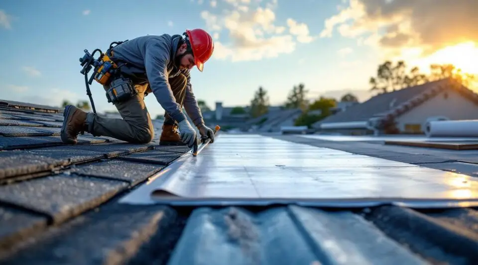 A professional roofing crew installing clean architectural shingles on a Henderson home under a bright desert sky.