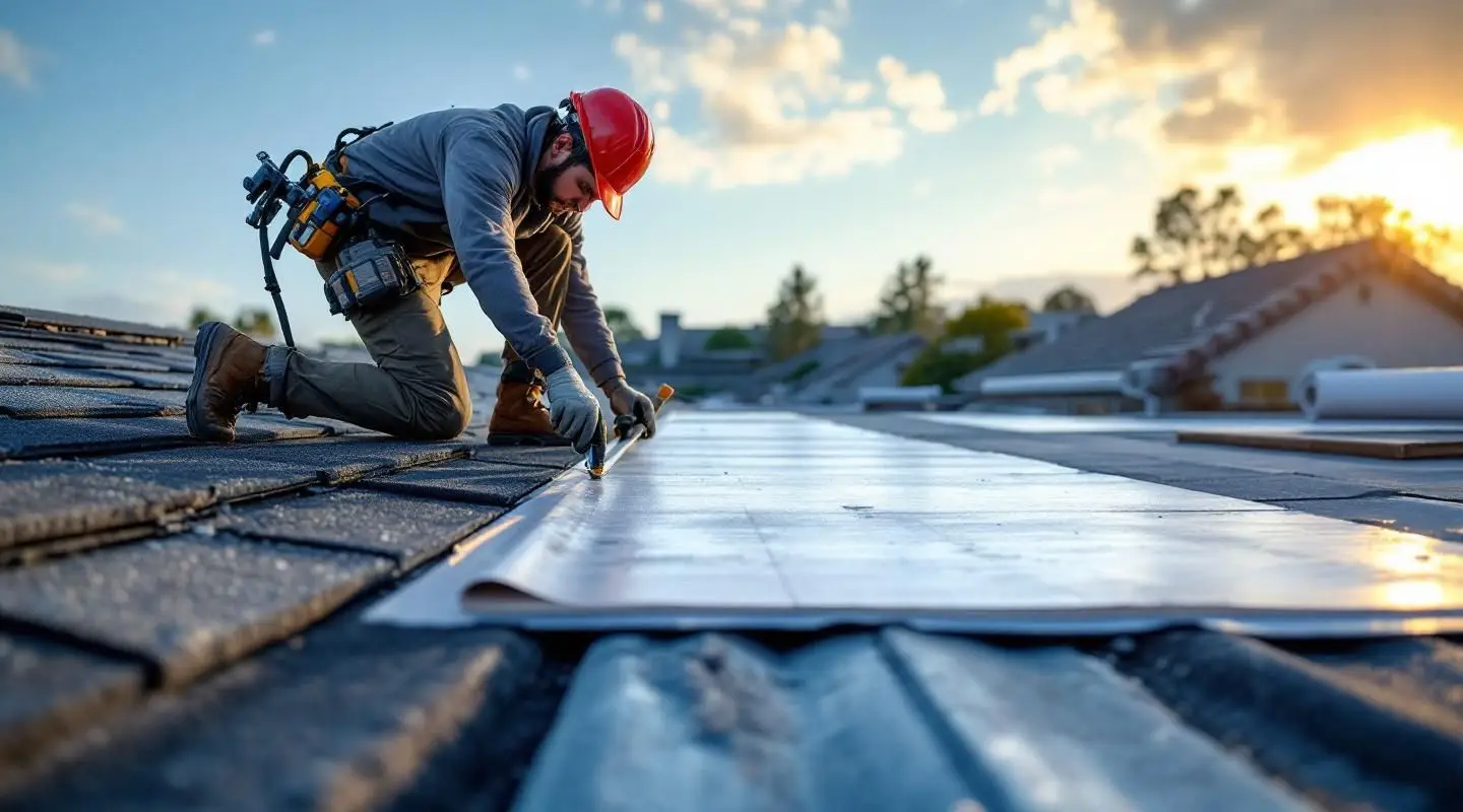 A professional roofing crew installing clean architectural shingles on a Henderson home under a bright desert sky.