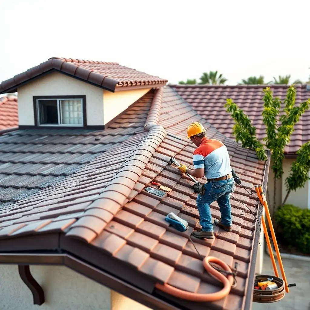 Professional roofing crew installing clean asphalt shingles on a Henderson home under a clear desert sky.