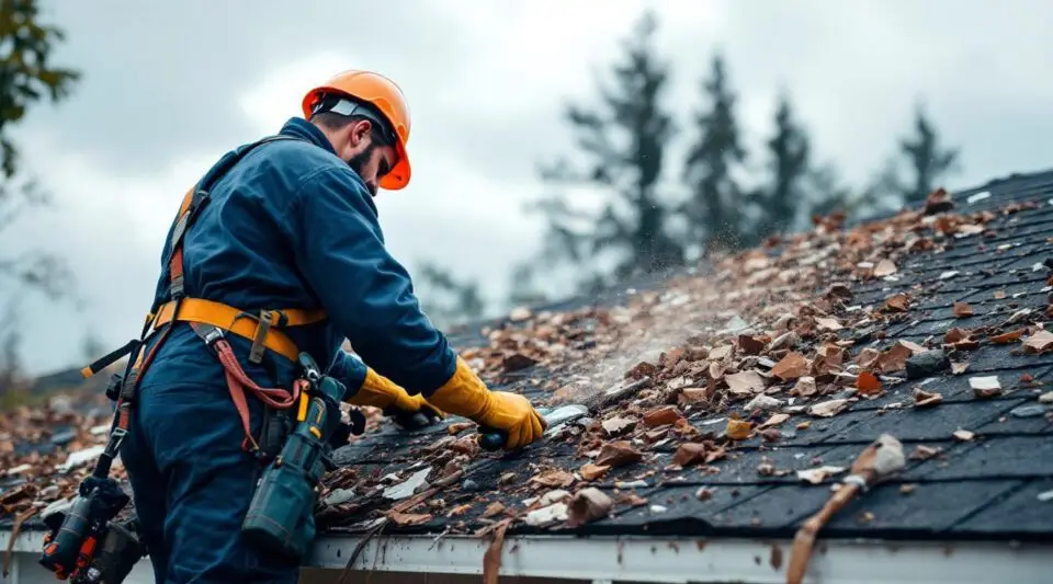Professional roofing crew installing protective tarps and replacing wind-damaged shingles on a Henderson home under a dramatic post-storm sky.