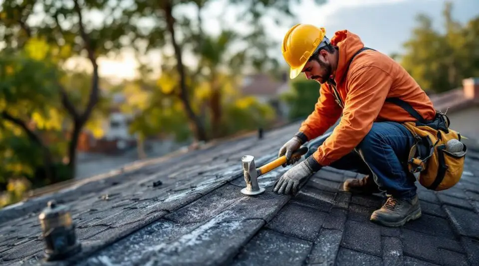 An experienced roofer repairing clay tiles on a Henderson home, ensuring a tight seal against desert monsoons.