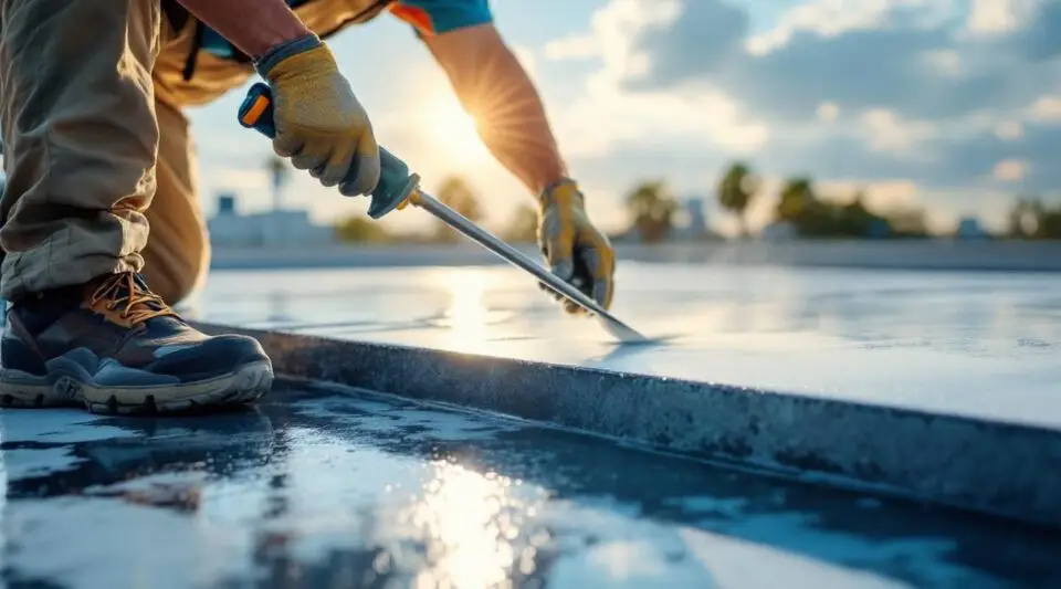 Roofing technicians applying a protective white silicone roof coating to a large commercial flat roof in Henderson