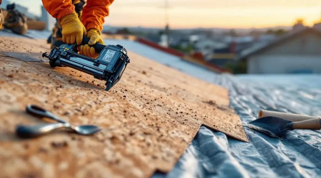 A professional roofing crew carefully installing new architectural shingles on a residential home in Henderson, Nevada.