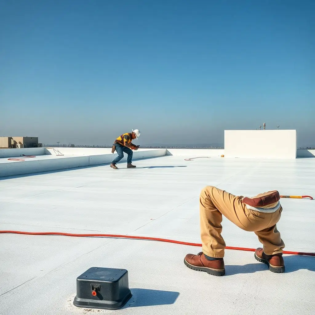 Roofing technician sealing a TPO seam on a commercial flat roof in Henderson, Nevada under bright desert sunlight