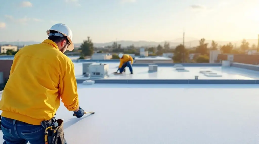 Commercial roofers hot-air welding a white TPO membrane on a flat building roof in Henderson Nevada under cinematic sunlight.