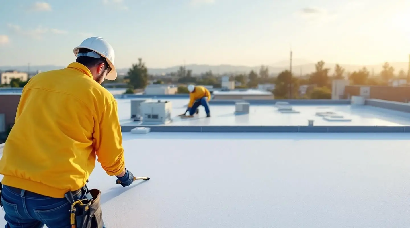 Commercial roofers hot-air welding a white TPO membrane on a flat building roof in Henderson Nevada under cinematic sunlight.