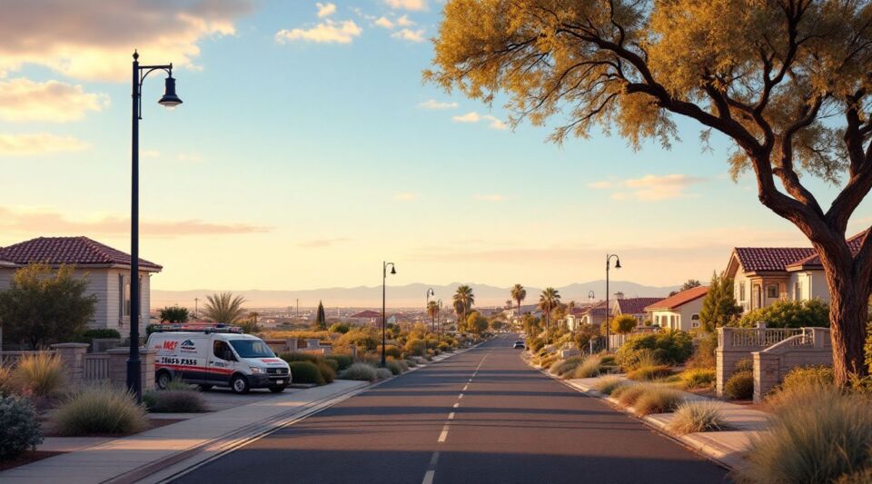 A residential street in North Las Vegas showing stucco-style homes with tile roofing under a bright desert sun