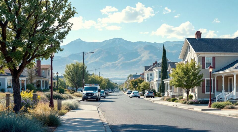 A residential street in Enterprise, Nevada with stucco-and-tile homes under the bright Mojave Desert sun