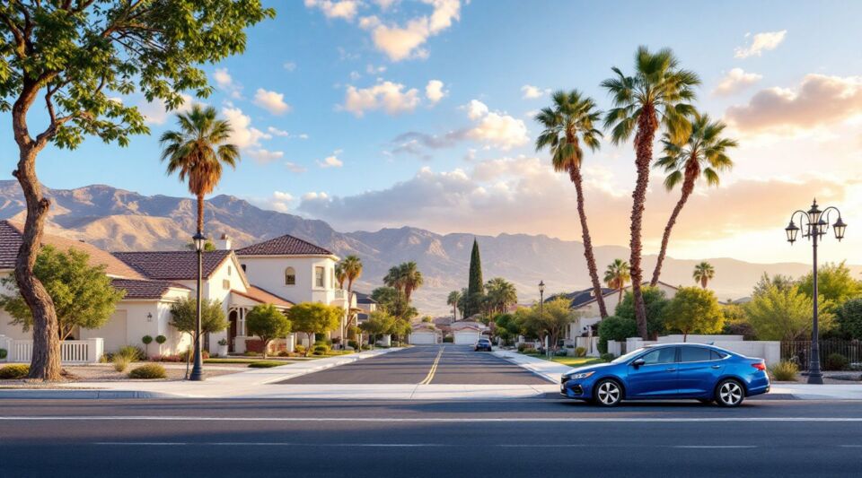 A residential street in Henderson Nevada showing stucco homes with concrete tile roofing under a bright desert sky.