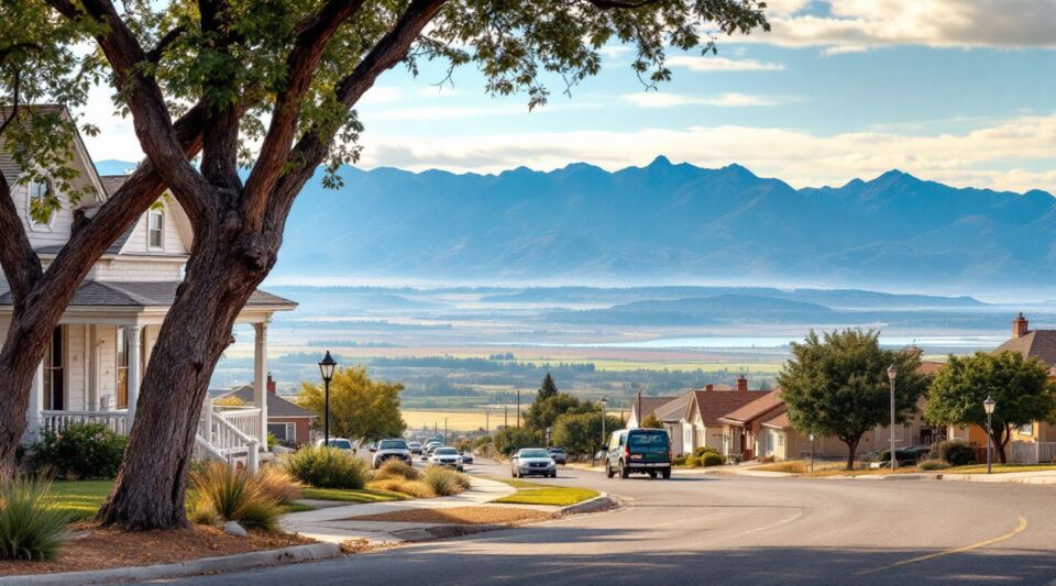 A residential street in Whitney, Nevada, showing classic stucco and tile construction homes under a bright desert sky.