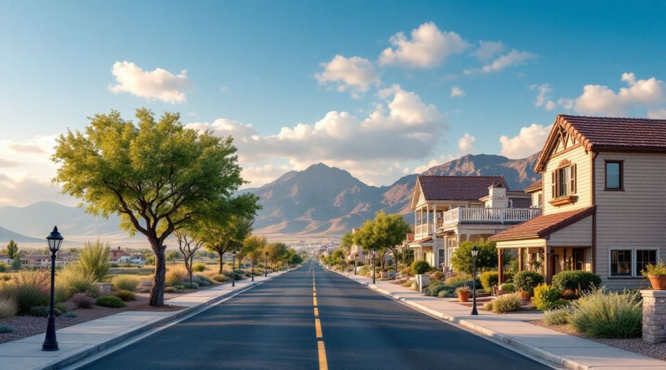 A residential street in Boulder City, Nevada, showing Spanish tile roofs under the bright desert sun with a distant view of Lake Mead.