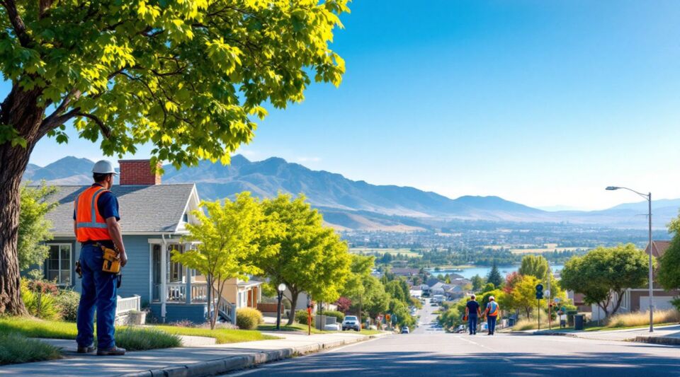 A residential street in Winchester, Nevada, showing classic mid-century stucco homes with low-slope tile and flat roofs under the bright desert sun.